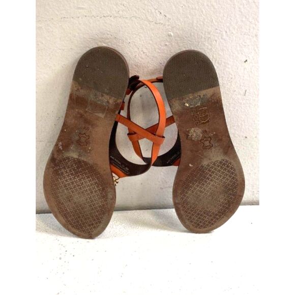 Tory Burch Women's Orange Sandals Leather Padlock Flat Logo Ankle T Strap 6M - Picture 5 of 6